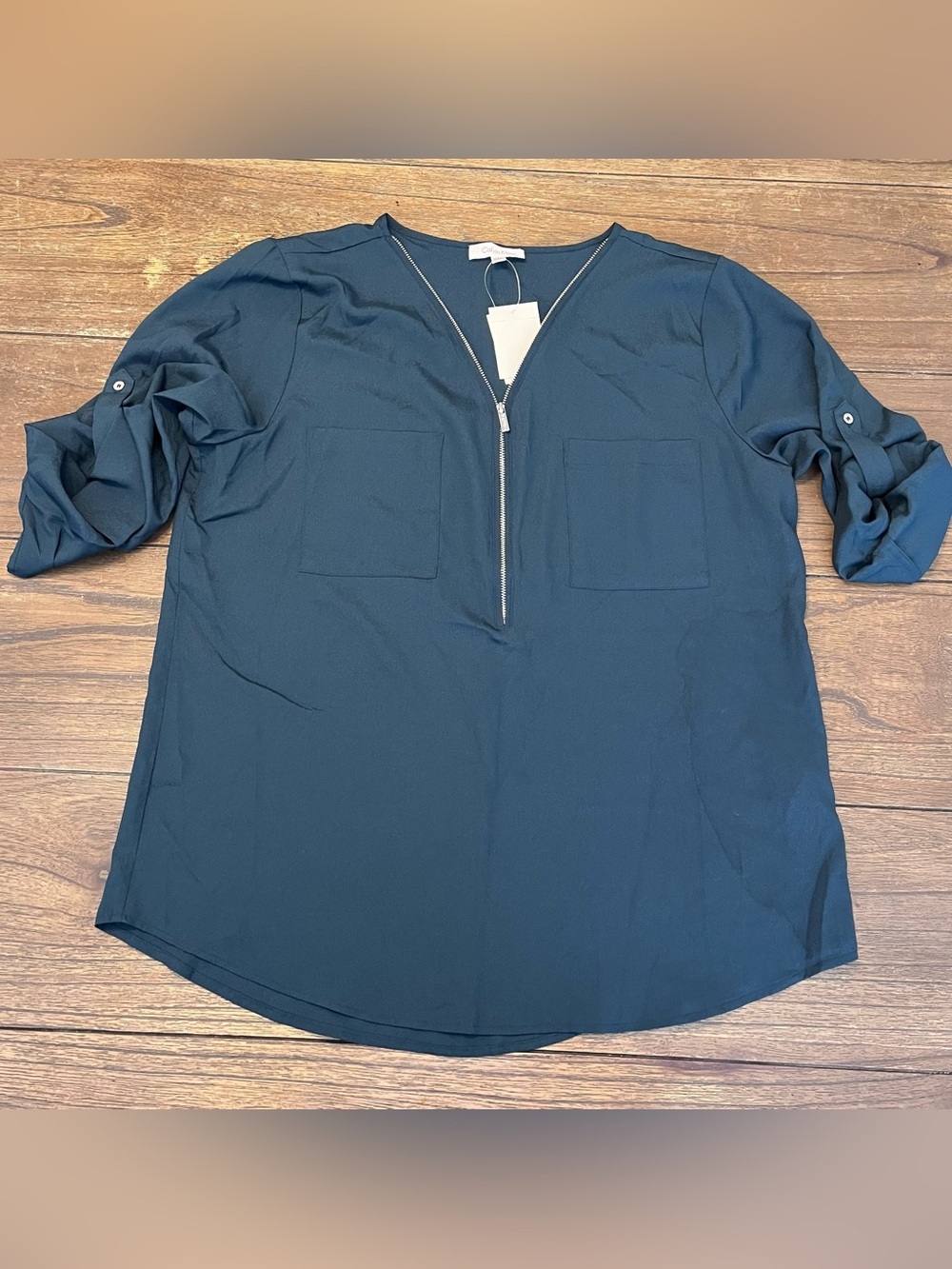 NWT Calvin Klein Blue Zip-Front Tunic Top Womens Large